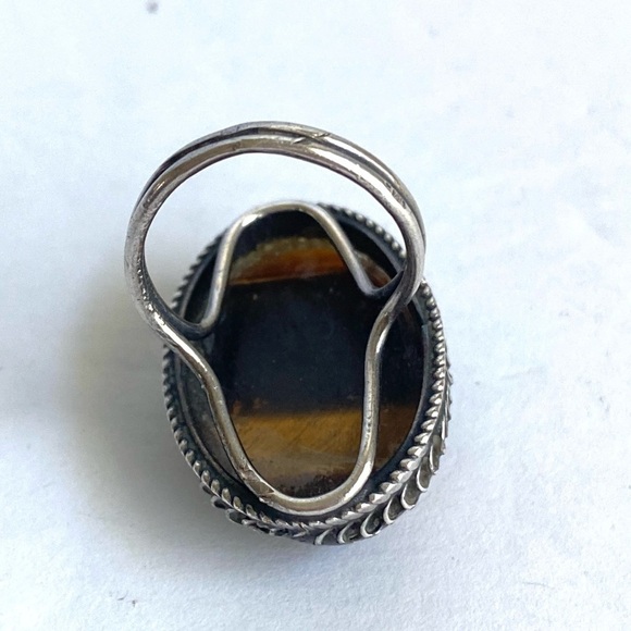 Vintage Tigers Eye Sterling Silver Ring Cocktail Oval Cabachon Stone Size 6 - Picture 11 of 13